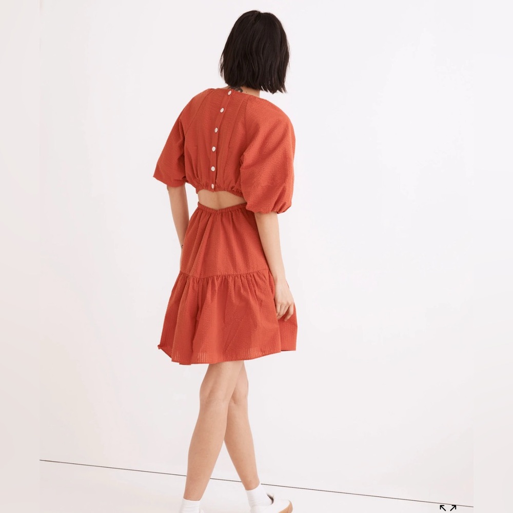 New Women’s Madewell Seersucker Puff Sleeve Cutout Mini Dress Size XL